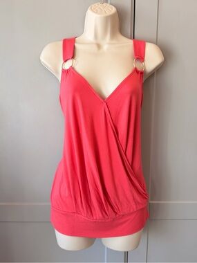 INC International Concepts Coral Y2K Gold O-Ring Surplice Tank Top L